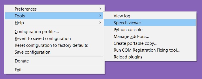 Choosing speech viewer from the NVDA menu