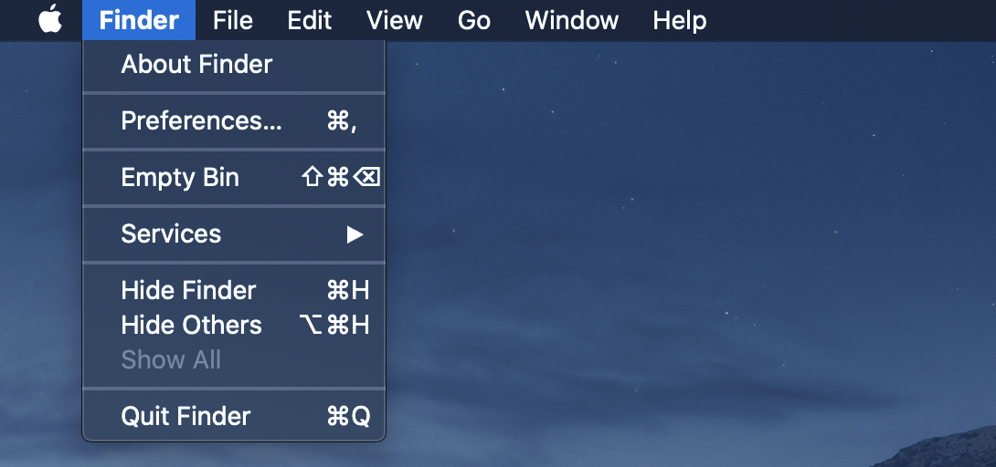 Example of a menubar: The finder menu on a Mac.