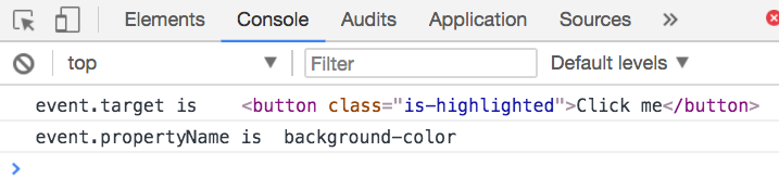 Image shows the target and propertyName of a transitionend event