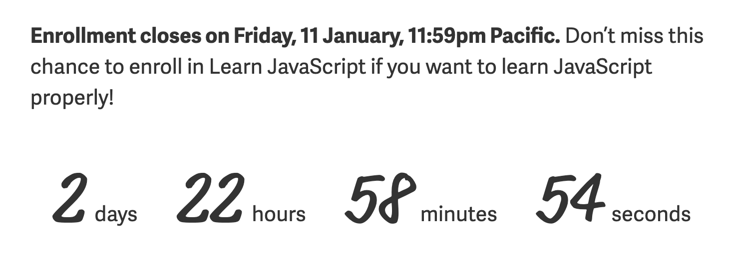 Countdown timer on Learn JavaScript's salespage