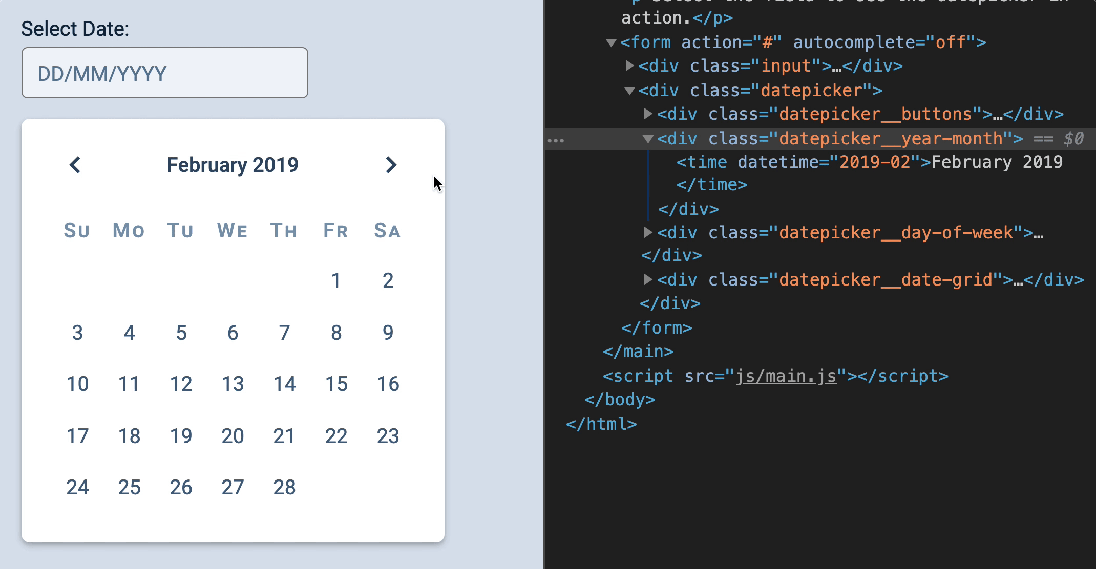 Clicks next button. Changes text from February 2019 to March 2019. Changes datetime attribute from 2019-02 to 2019-03.