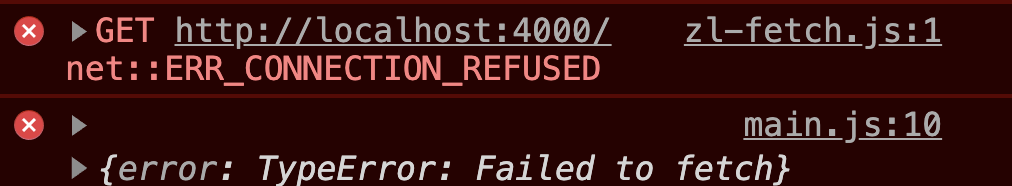 Fetch error when it fails to reach server.