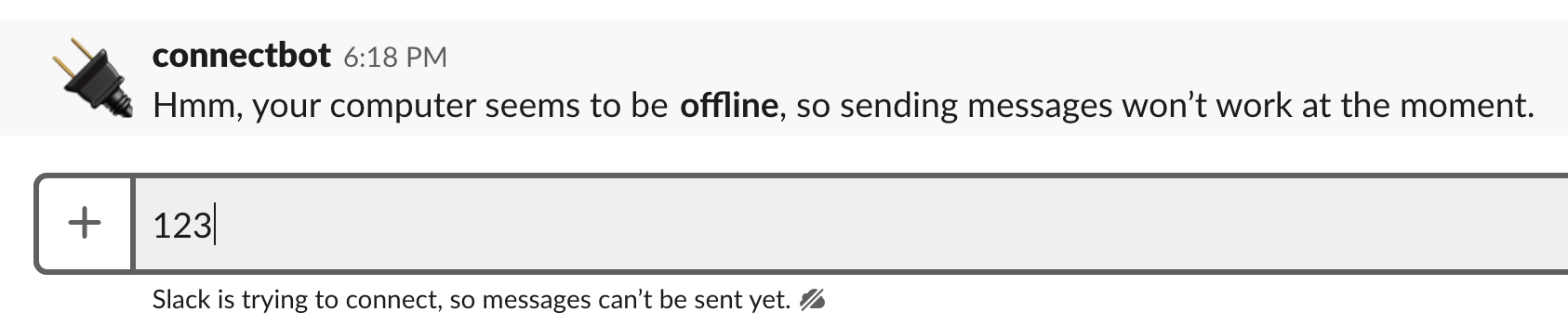 Slack's warning message when the user is offline.