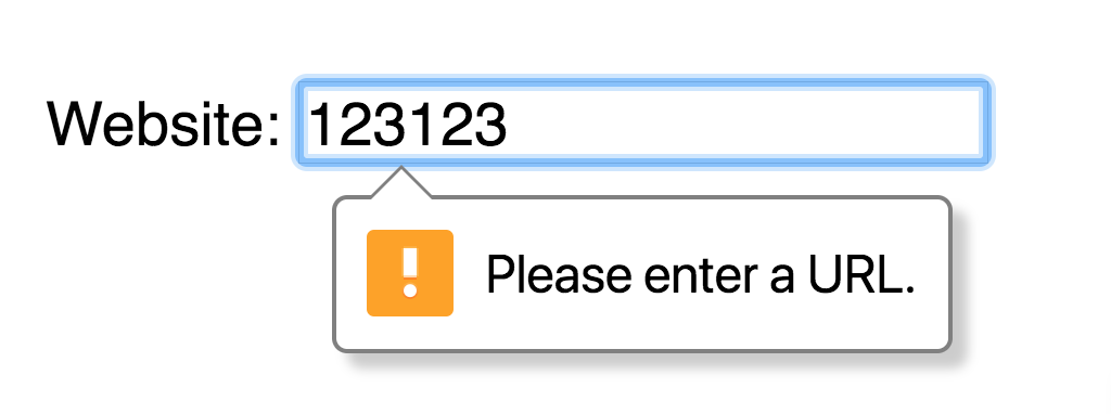 Text entered in field is 123123, a popup box shows up and tells the user to enter a valid url