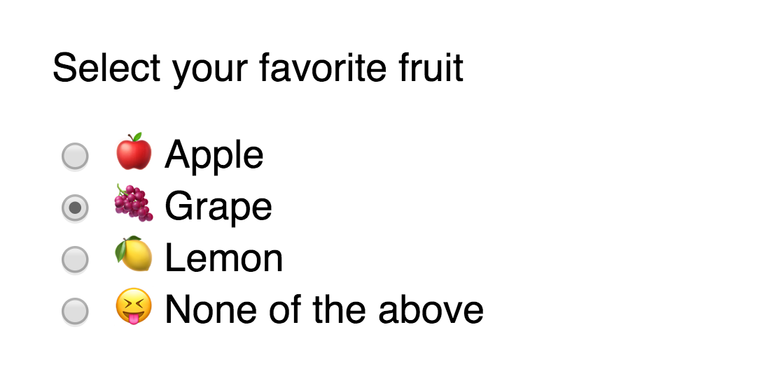 Four radio buttons, grape is selected