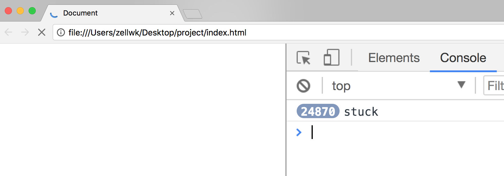 The browser hangs and console.log('stuck') executed 24,000 times