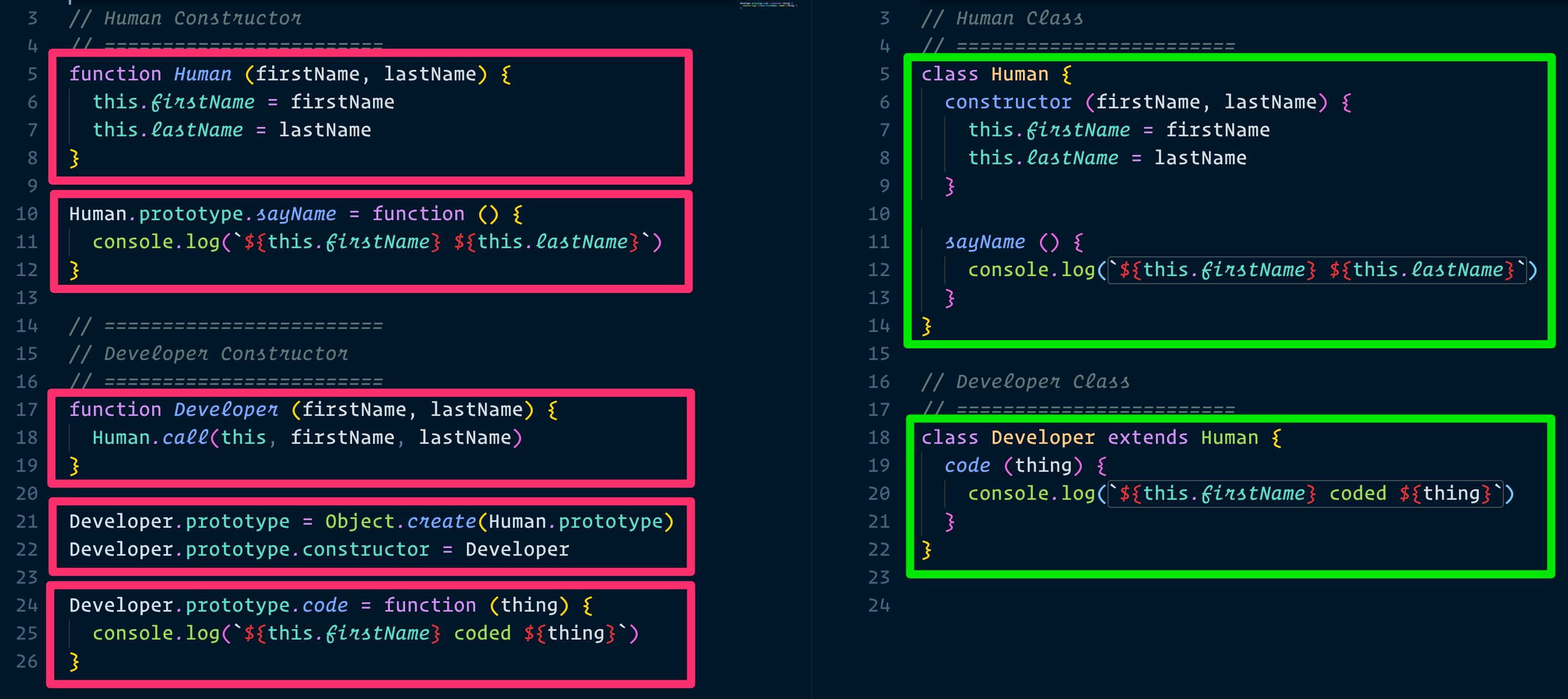 Constructor: 5 blocks of code. Class: 2 blocks of code.