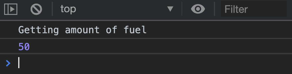 Shows the log statement. `fuel` remains at 50.